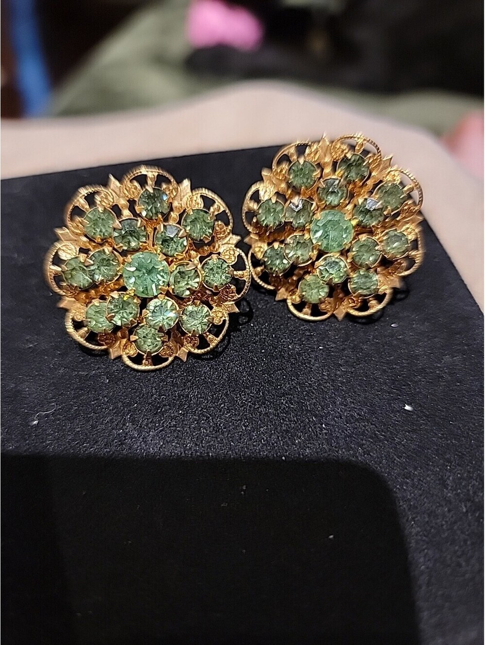 Midcentury 50's Lime Green Rhinestone & Goldtone Riveted Screw Back Earrings